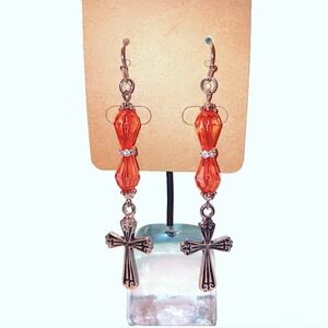 HANDMADE Red & Silver Beaded Religious Gothic Cross Dangle / Drop Earrings